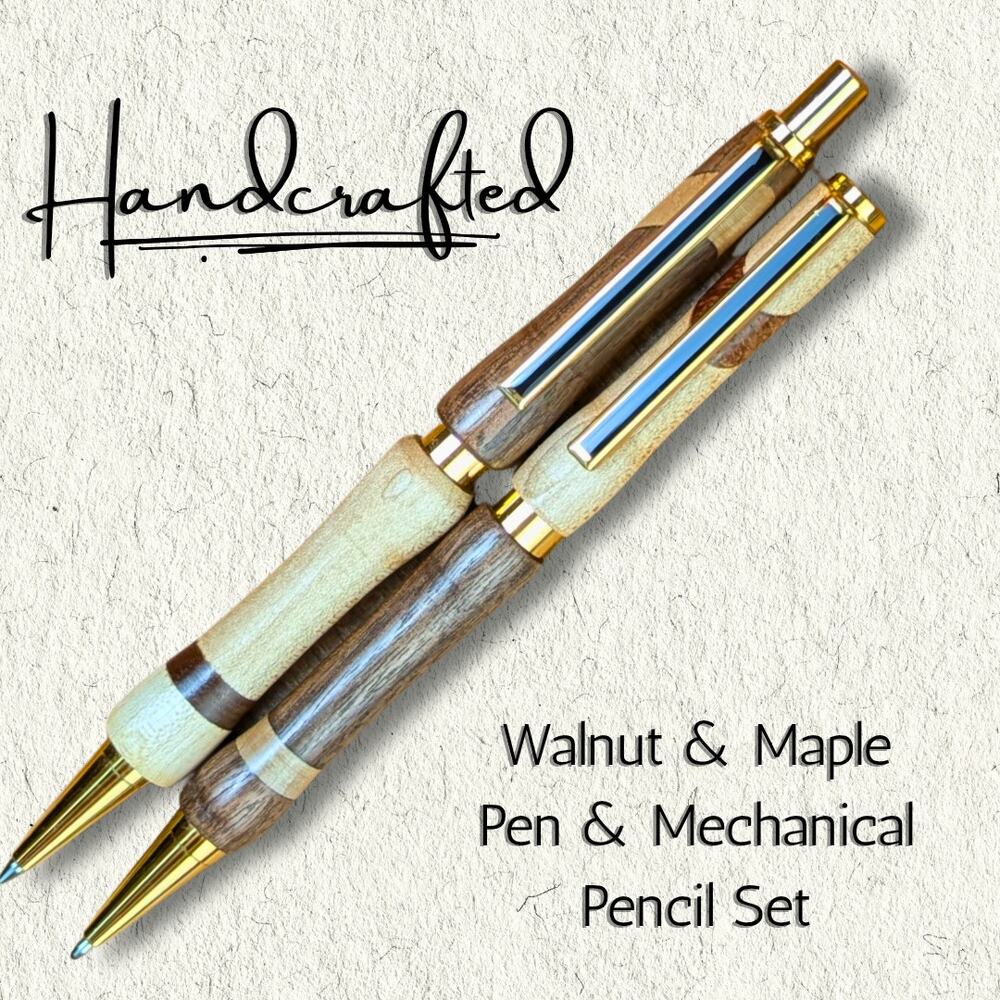 Handcrafted Wood Pen + Mechanical Pencil Set Walnut & Maple Click Style USA